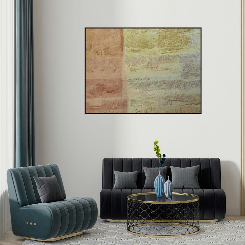 Suhani Jain's 'Feeling Line 23 (Layered Horizons)' painting visualized above a sofa in a contemporary room.