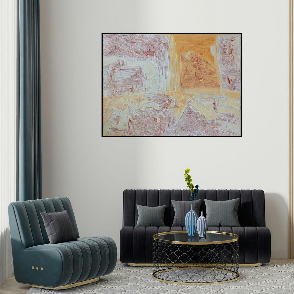 Suhani Jain's 'Feeling Lines 19 (Untitled)' painting visualized above a sofa in a contemporary room.