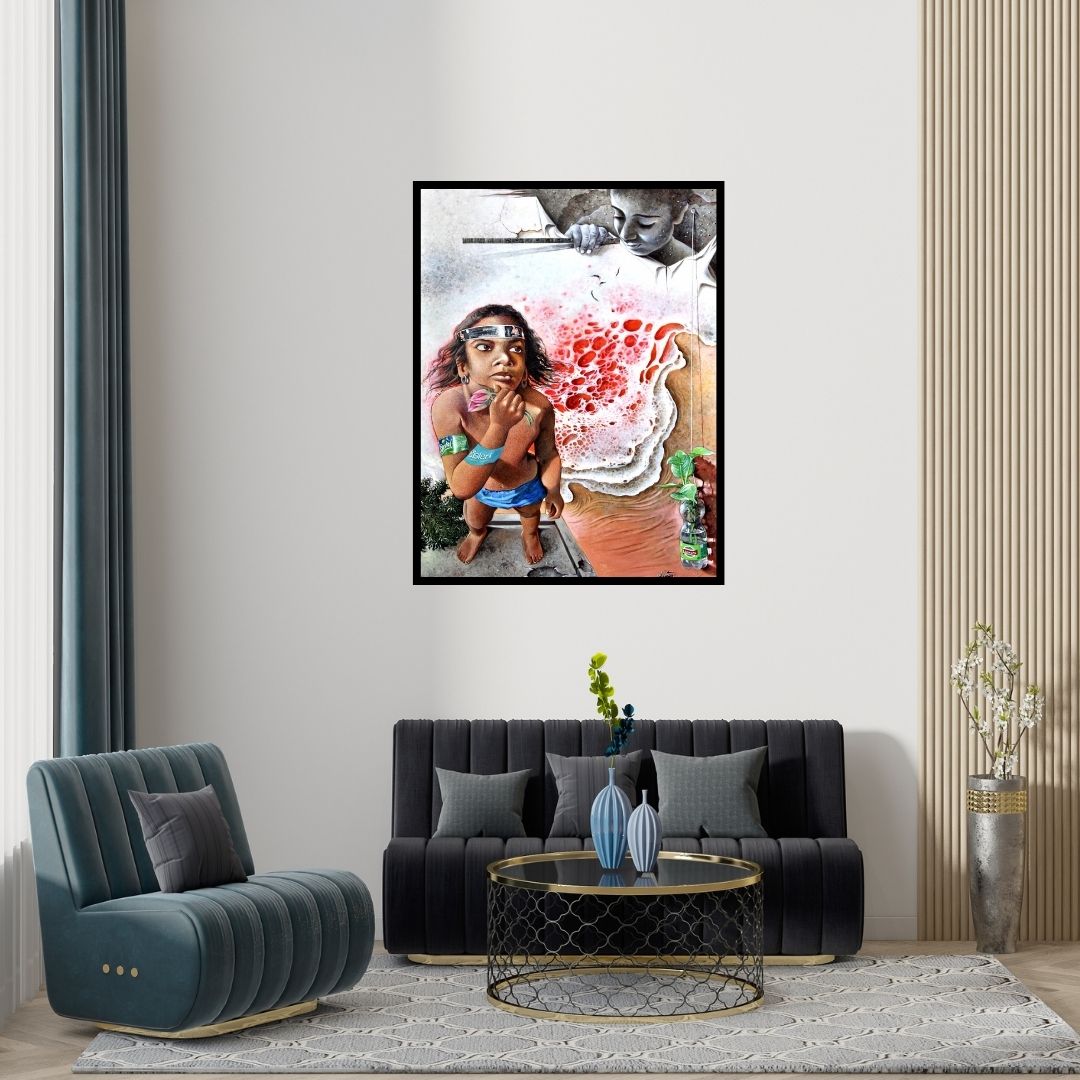 Preview of 'Feelings 3' Painting by Goutam Das shown on a wall in a furnished room.