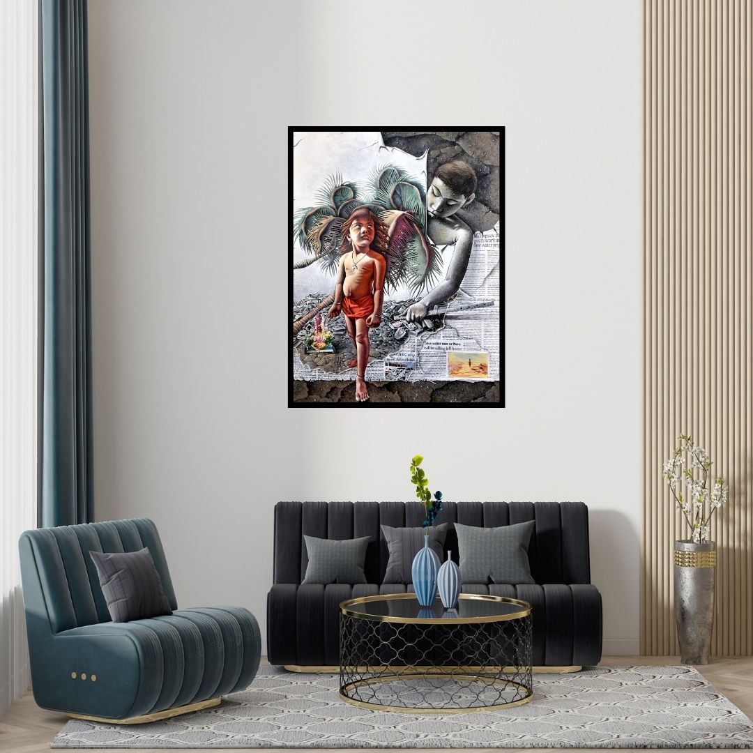 Preview of 'Feelings 4 (Rally for Water Conservation)' Painting by Goutam Das shown on a wall in a furnished room.