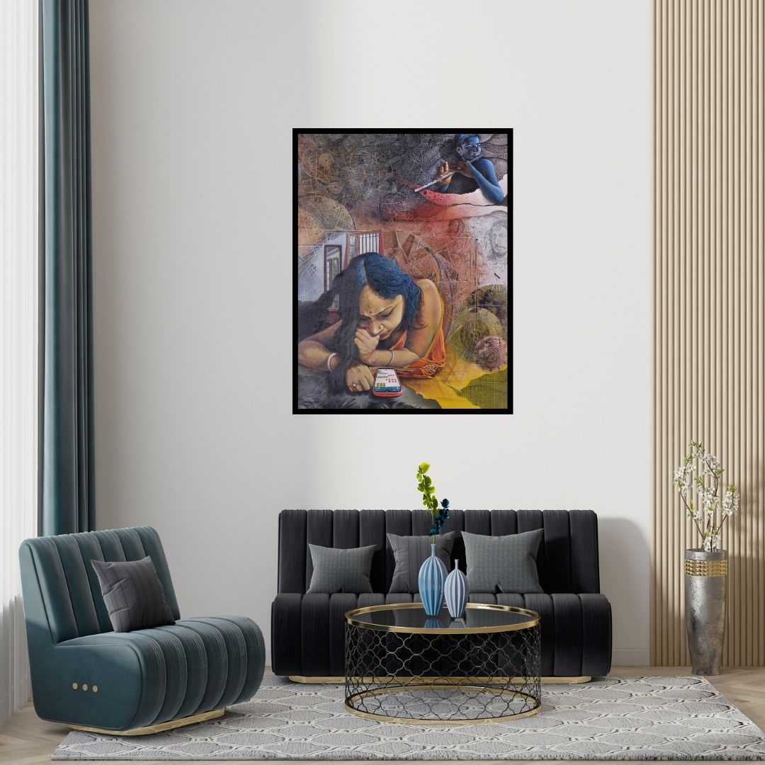 Preview of 'Feelings 5' Painting by Goutam Das shown on a wall in a furnished room.