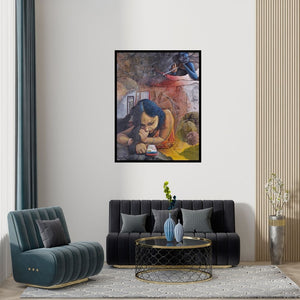 Preview of 'Feelings 5' Painting by Goutam Das shown on a wall in a furnished room.