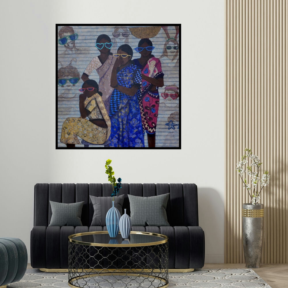 Harshada Kolapkar's 'Festival (Shared Stories)' painting visualized above a sofa in a contemporary room.