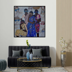 Harshada Kolapkar's 'Festival (Shared Stories)' painting visualized above a sofa in a contemporary room.