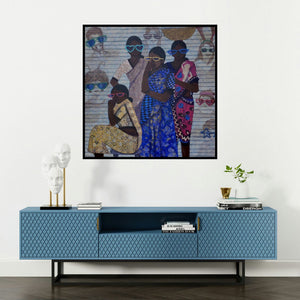 'Festival (Shared Stories)' painting by Harshada Kolapkar shown on a wall in a furnished room.