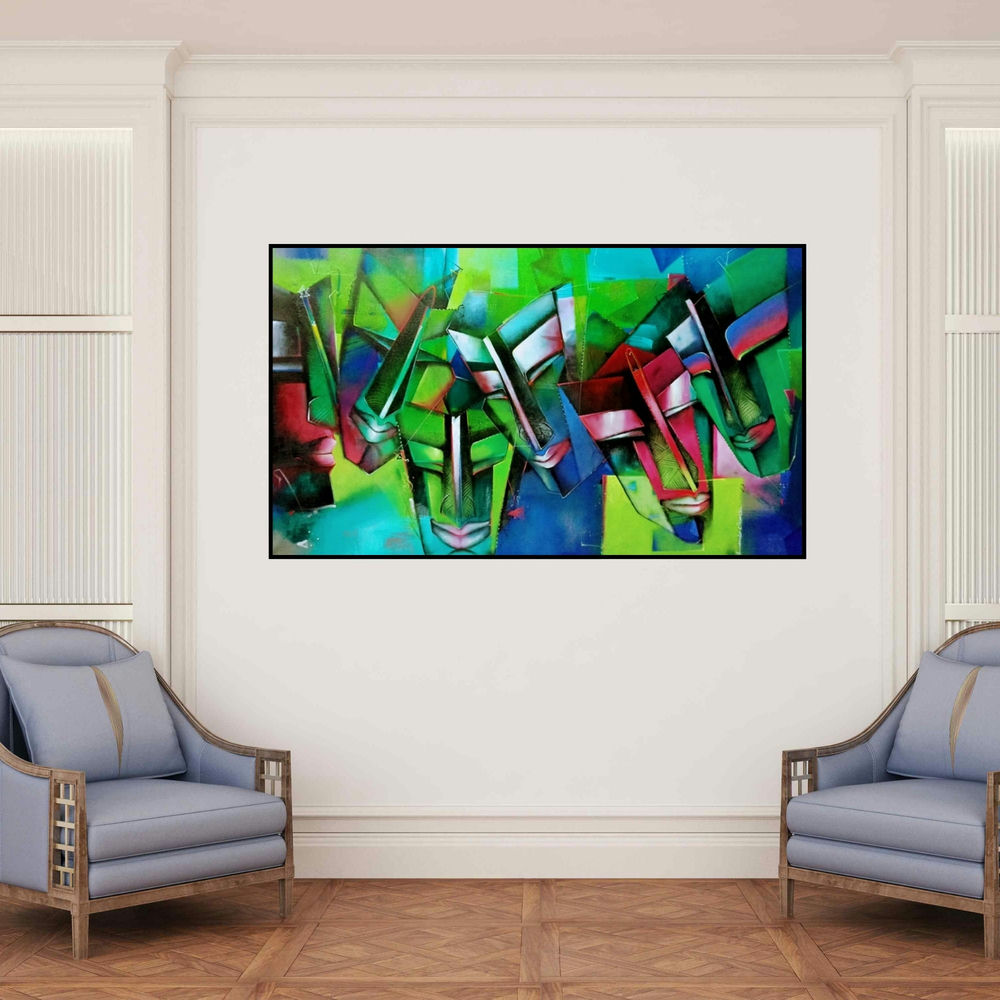 'Festival (The Tapestry of Humanity)' painting by Samir Chanda shown on a wall in a furnished room.