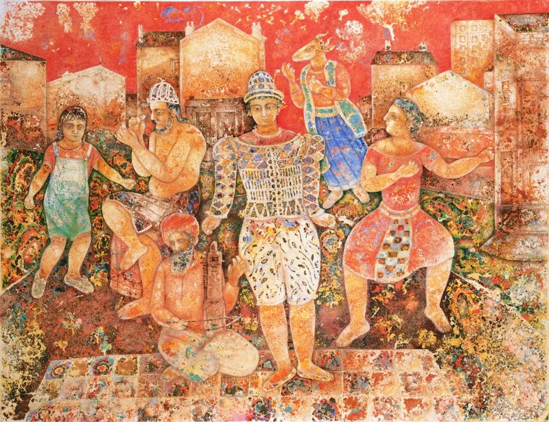 Figurative serigraphs painting titled 'Festival', 30x35 inch, by artist Sakti Burman on Paper