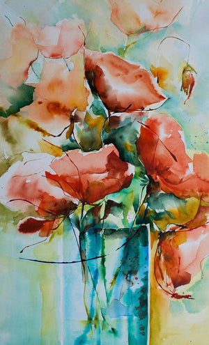 Feux Bengale (Whispers of the Poppy Field: A Dream in Watercolor) by Veronique Piaser-Moyen, Original Watercolor Still-Life Painting on Paper, Small Vertical Wall Art