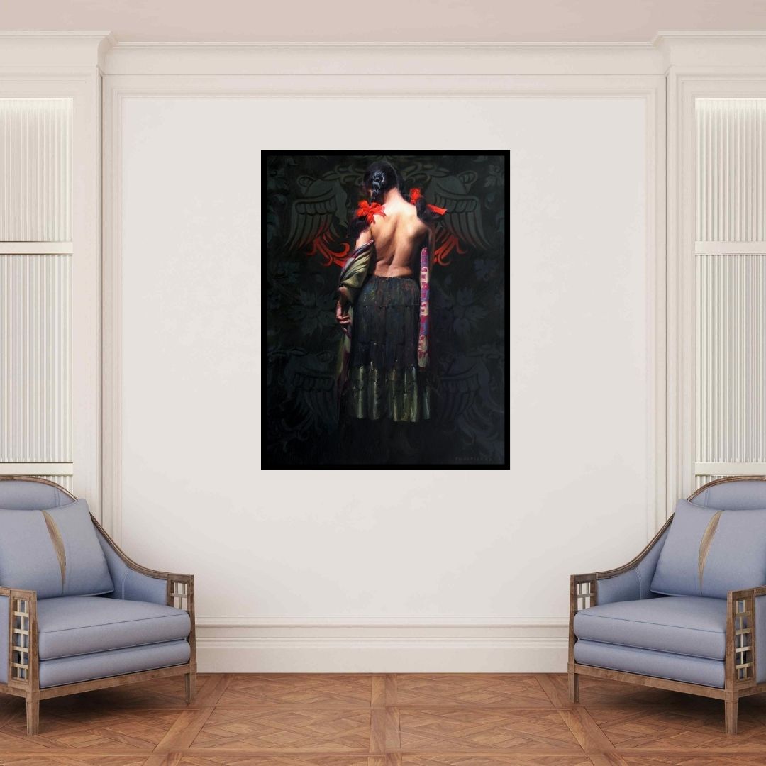 In-situ view of Pramod Kurlekar's 'Figure I (Crimson Ties)' painting in a room