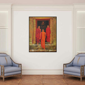 'Final Destination (Temple Bells Adorned)' painting by Kamal Rao shown on a wall in a furnished room.