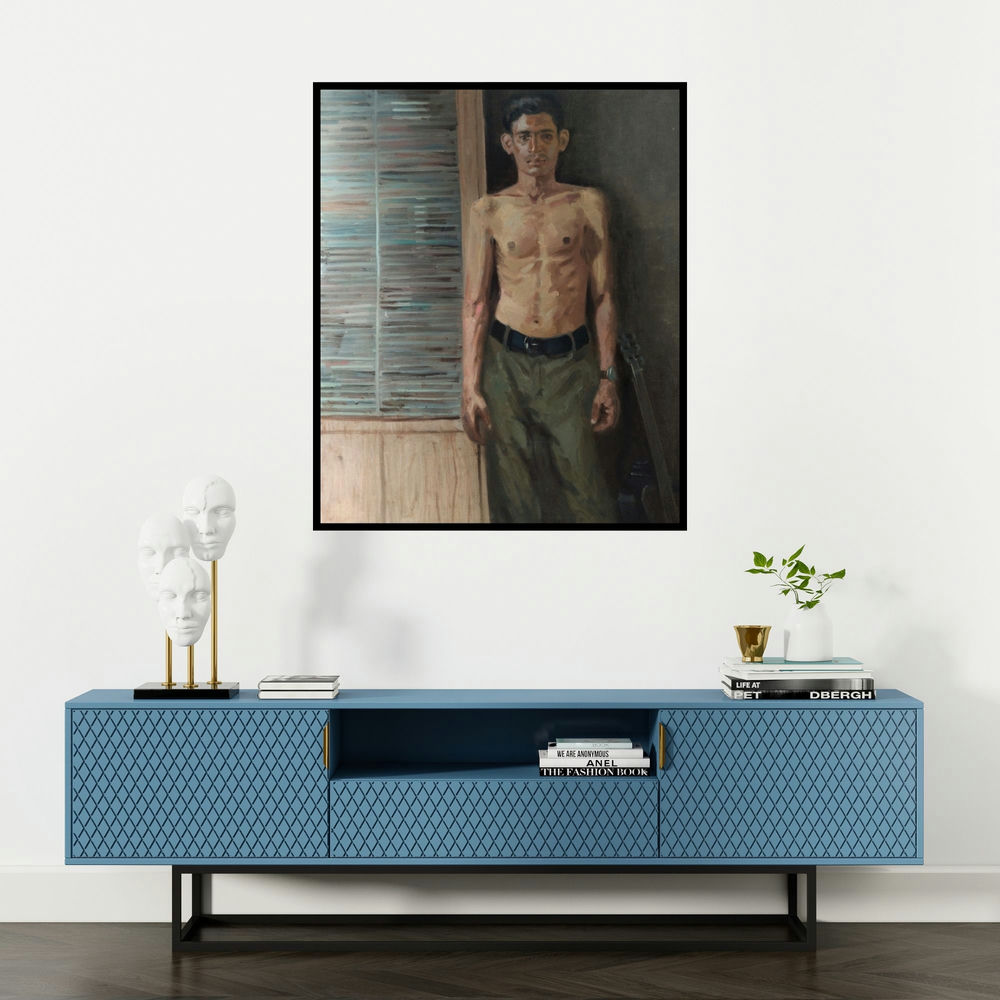 Swapnil Pate's 'Finding The Right Tone' painting visualized above a sofa in a contemporary room.