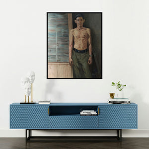 Swapnil Pate's 'Finding The Right Tone' painting visualized above a sofa in a contemporary room.