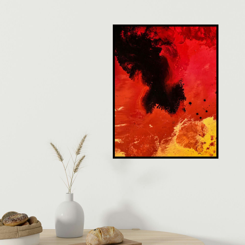 Kartikey Sharma's 'Fire 3' painting visualized above a sofa in a contemporary room.