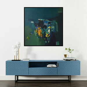 'Fire Deep Within (Nocturnal Bloom)' painting by Jayshree Savani shown on a wall in a furnished room.