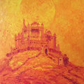 Cityscape oil painting titled 'Fire In The Sky', 30x20 inches, by artist Jaya Javeri on Canvas