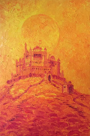 Fire In The Sky (Golden Hour in Jodhpur) by Jaya Javeri, Original Oil Cityscape Painting on Canvas, Medium Vertical Wall Art
