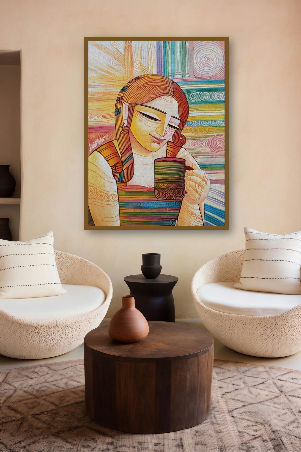 First Cuppa (A Moment of Serenity) by artist Devirani Dasgupta displayed in a Museum Style gallery