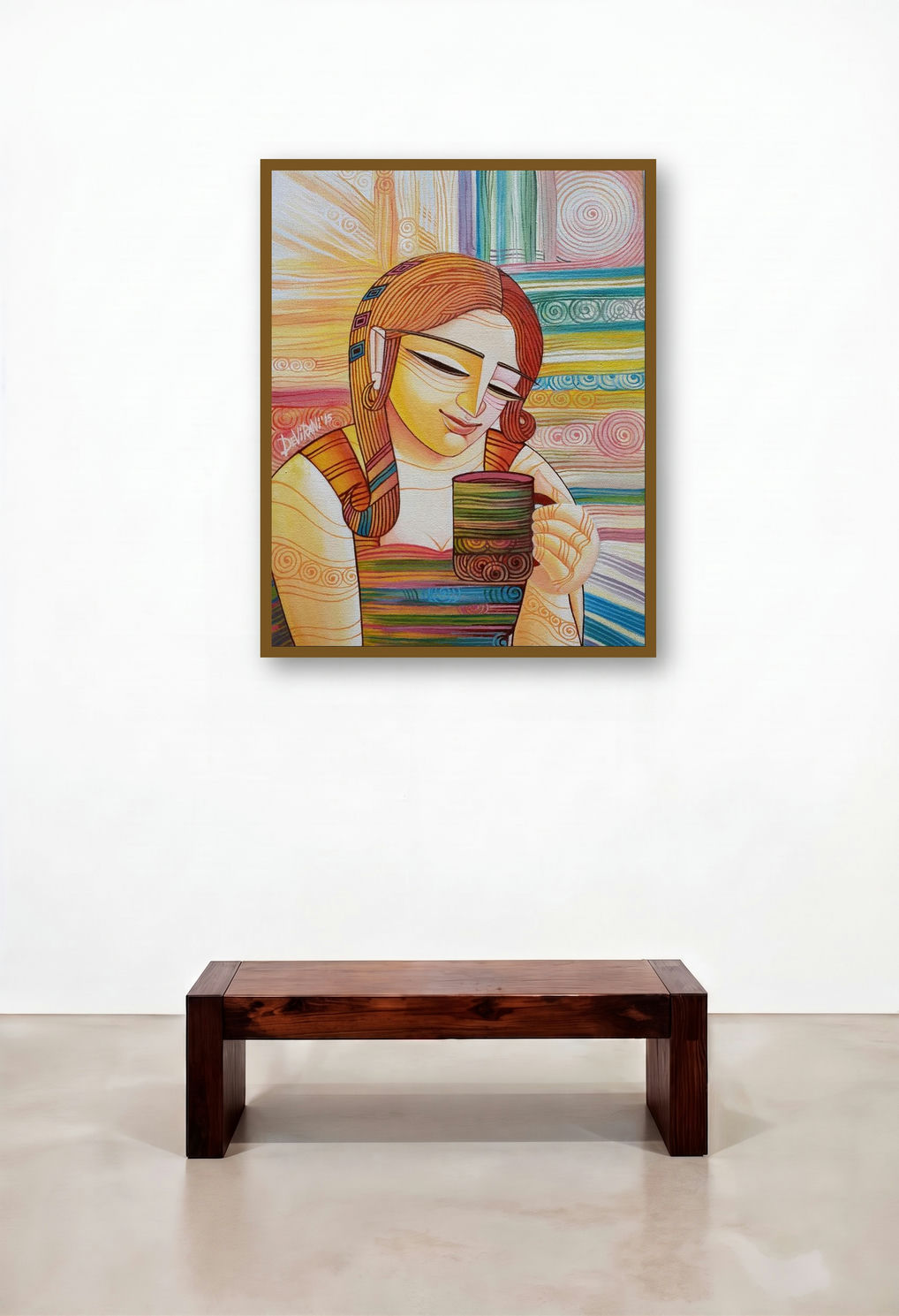 First Cuppa (A Moment of Serenity) by artist Devirani Dasgupta displayed in a Traditional Home Office