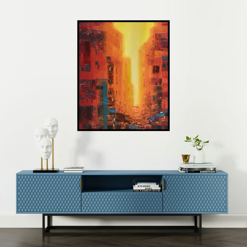 Purnendu Mandal's 'First Light (Radiant City)' painting visualized above a sofa in a contemporary room.