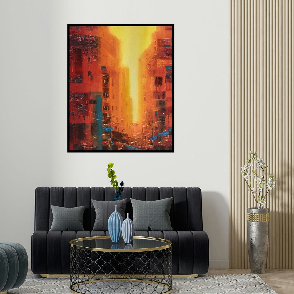 'First Light (Radiant City)' painting by Purnendu Mandal shown on a wall in a furnished room.