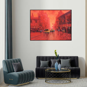 Purnendu Mandal's 'First Light' painting visualized above a sofa in a contemporary room.