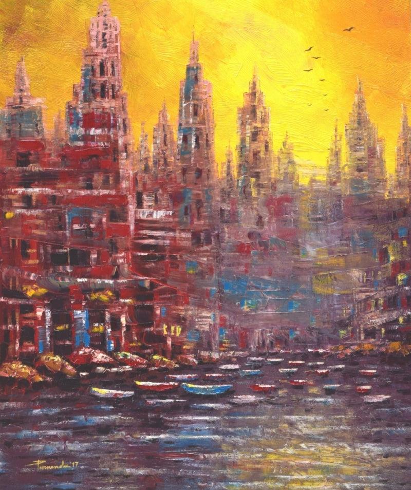 Cityscape oil painting titled 'First Lite', 36x30 inches, by artist Purnendu Mandal on Canvas