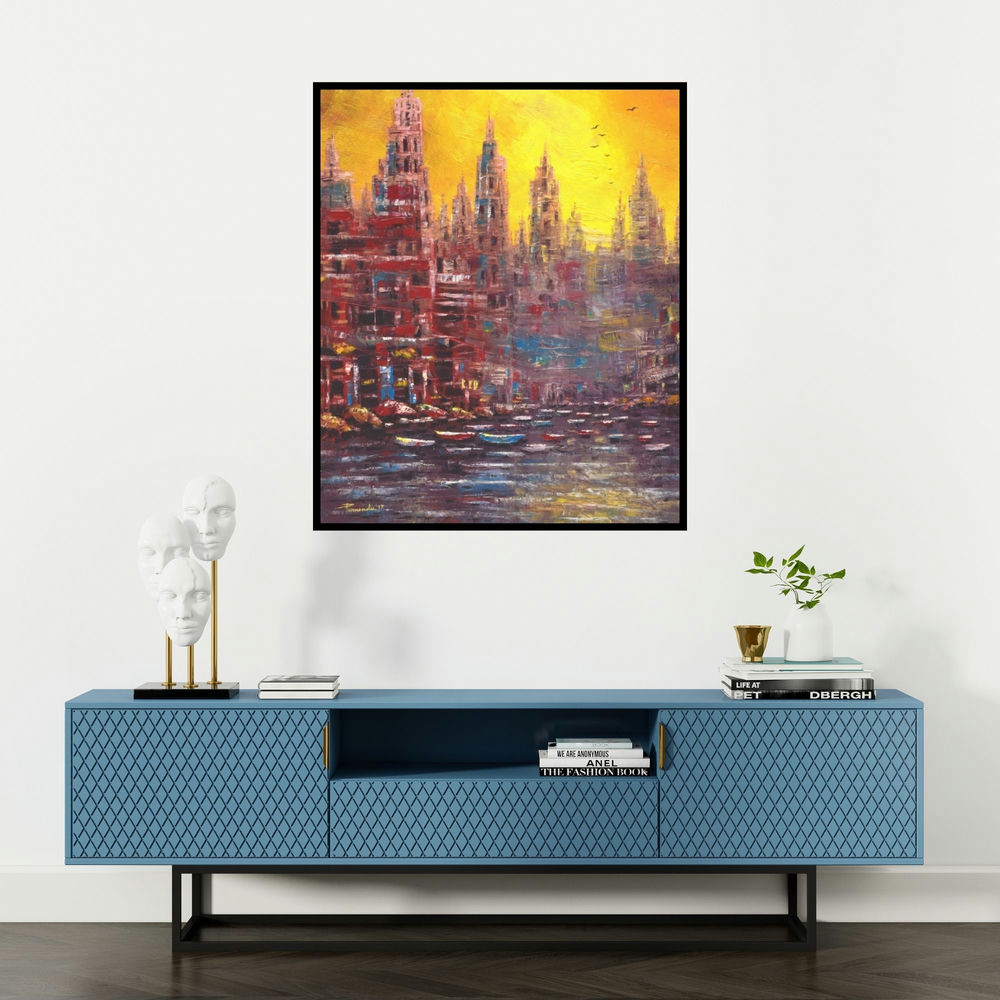 Purnendu Mandal's 'First Lite (City of Spires)' painting visualized above a sofa in a contemporary room.