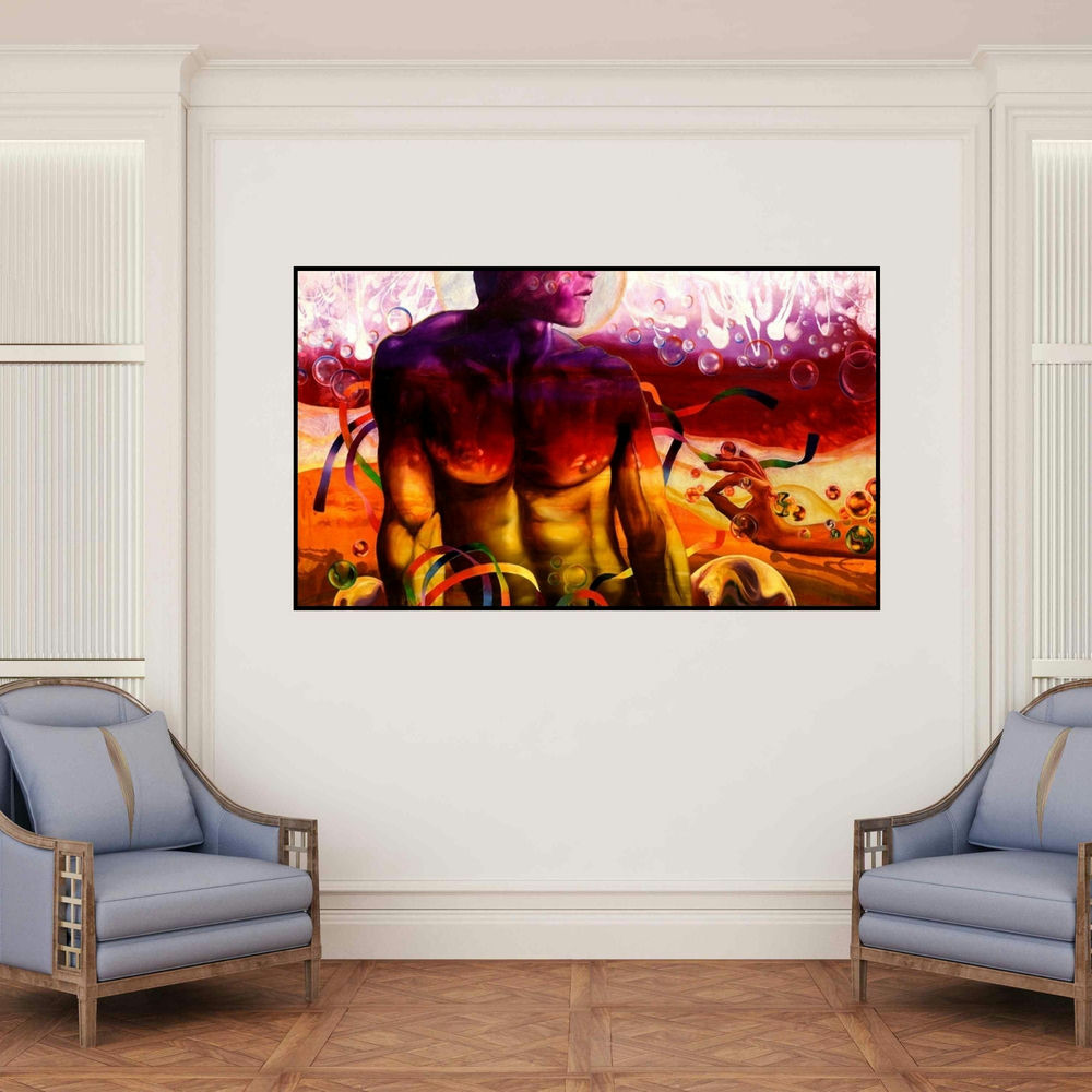 'First Love (Dreamscape)' painting by Ankur Rana shown on a wall in a furnished room.