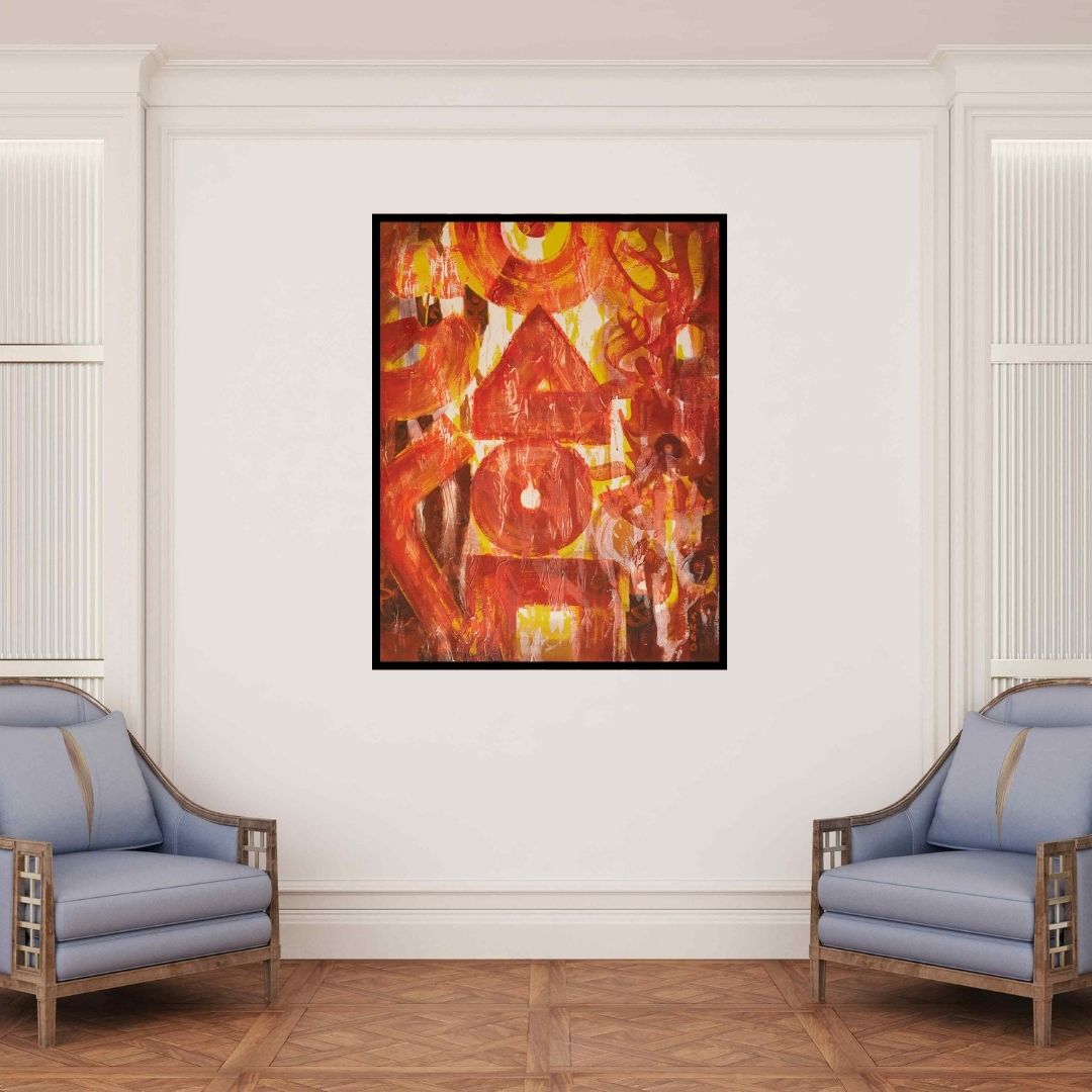 In-situ view of Subhash Gondhale's 'First Sound Om (Fiery Symbols)' painting in a room