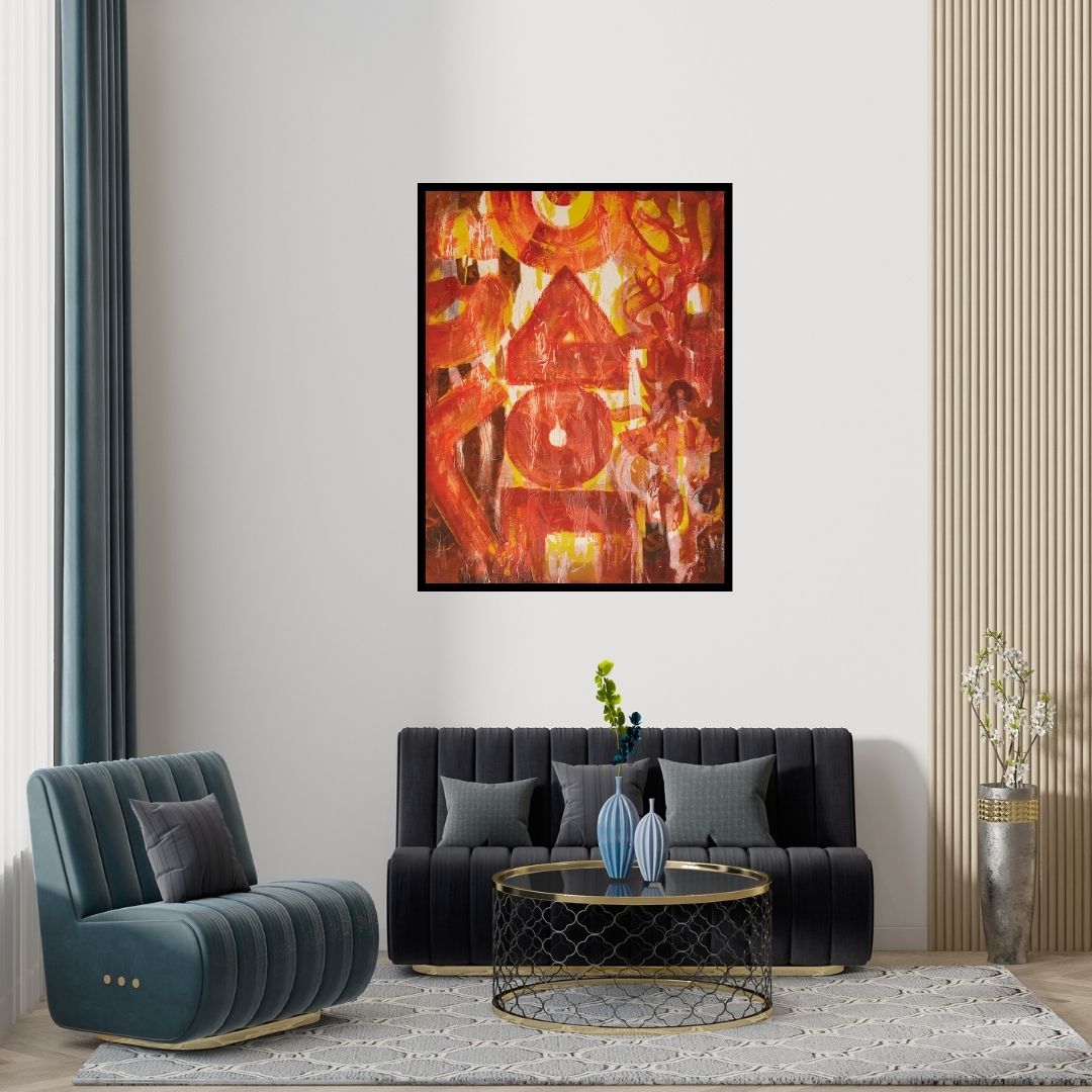 Preview of 'First Sound Om (Fiery Symbols)' Painting by Subhash Gondhale shown on a wall in a furnished room.