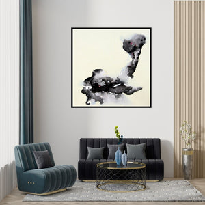 Preview of 'Fish (Whispers of Nature: An Abstract Composition in Ink and Wash)' Painting by Huma Khan shown on a wall in a furnished room.