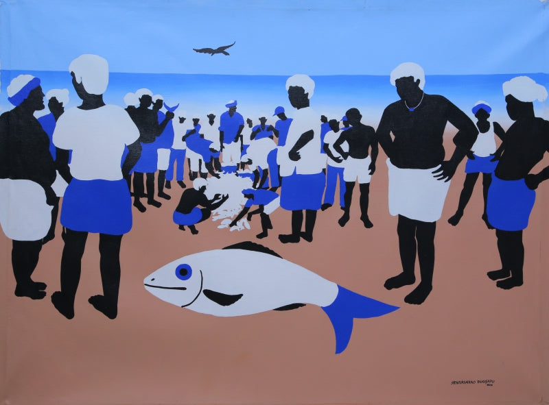 Fish Market' figurative acrylic painting by artist Srinivasa Rao Duggapu, 36x48 inch, on canvas