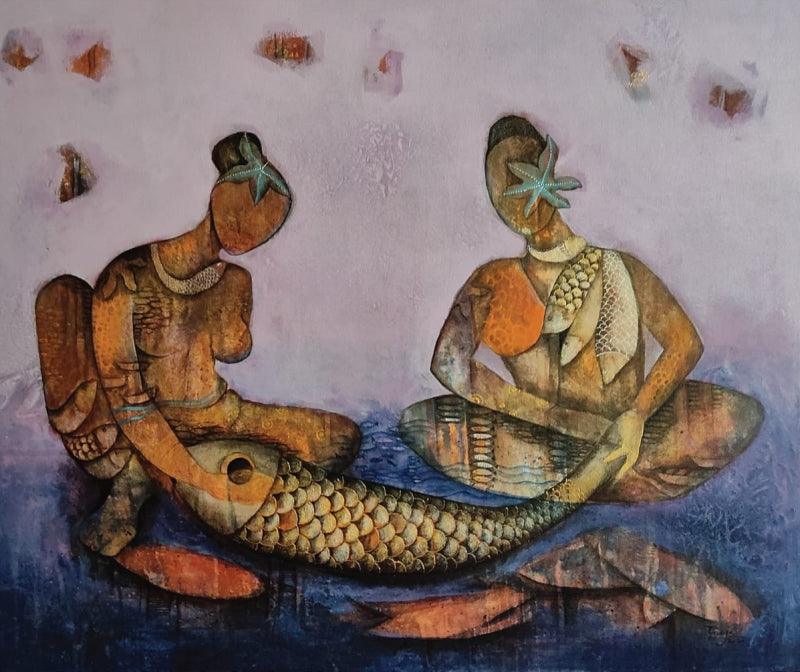 Figurative acrylic painting titled 'Fisher Women', 30x36 inches, by artist Pooja Shelke on Canvas