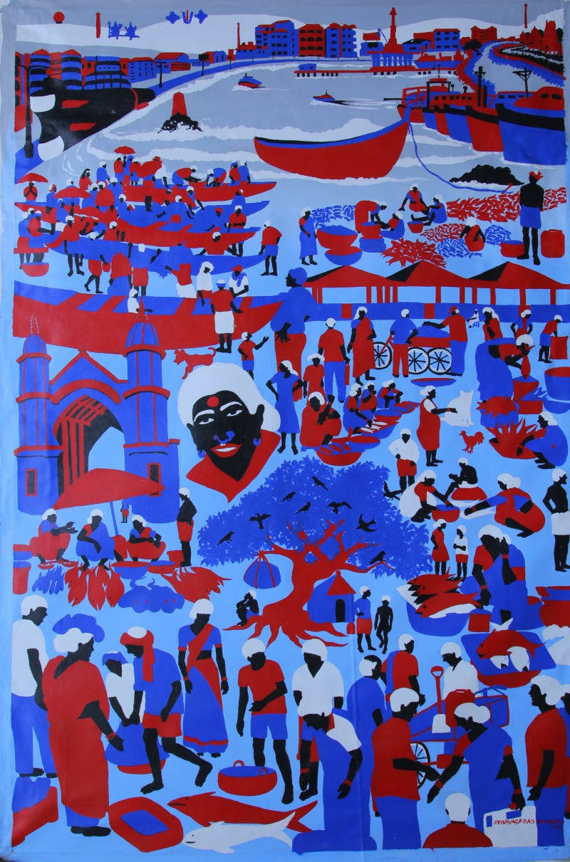 Fisherman Life 2' figurative acrylic painting by artist Srinivasa Rao Duggapu, 36x72 inch, on canvas