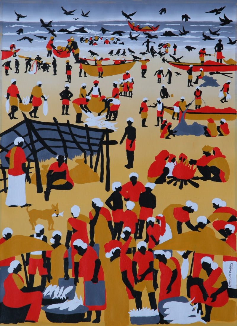 Fisherman Life 5' figurative acrylic painting by artist Srinivasa Rao Duggapu, 22x18 inch, on canvas