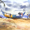 Fisherman Morning' seascape watercolor painting by artist Soven Roy, 15x22 inch, on paper