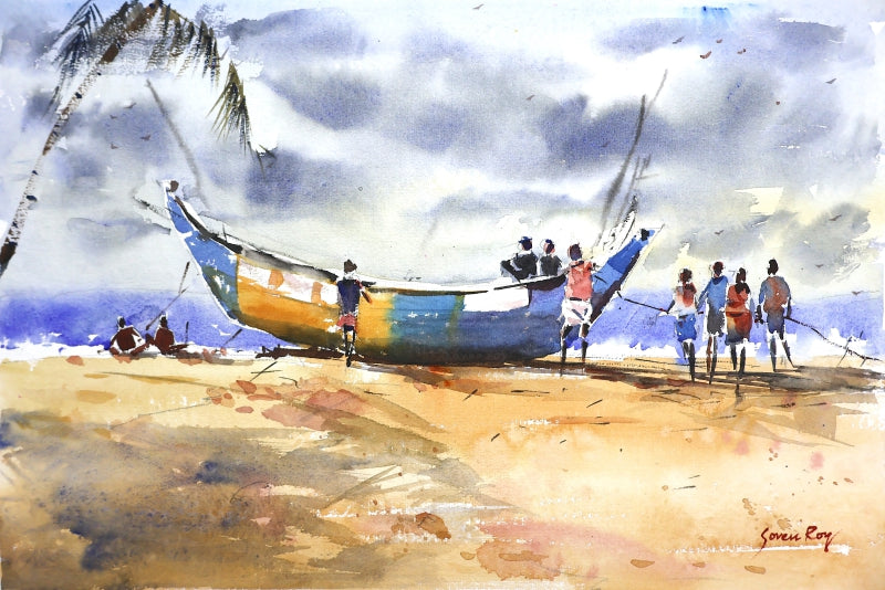 Fisherman Morning' seascape watercolor painting by artist Soven Roy, 15x22 inch, on paper