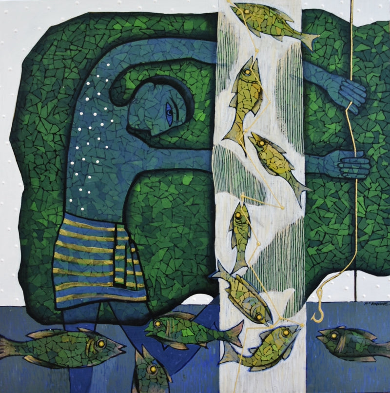 Fisherman In The River' figurative acrylic painting by artist Pravin Randive, 36x36 inch, on canvas