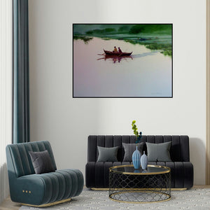 Narayan Shelke's 'Fishermen In Boat (Rivers Embrace: A Moment of Stillness)' painting visualized above a sofa in a contemporary room.