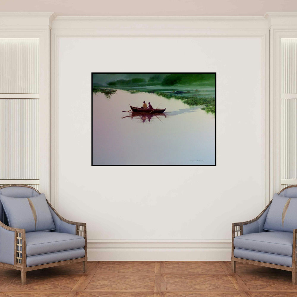 'Fishermen In Boat (Rivers Embrace: A Moment of Stillness)' painting by Narayan Shelke shown on a wall in a furnished room.