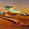 Seascape acrylic painting titled 'Fishermen Life', 36x48 inches, by artist Rupesh Patil on Canvas