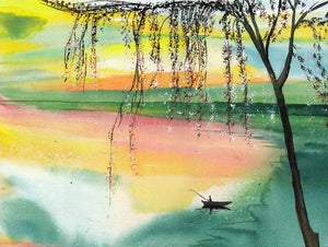 Fishing 1 by Anil Nene, Original Watercolor Landscape Painting on Paper, Small Horizontal Wall Art