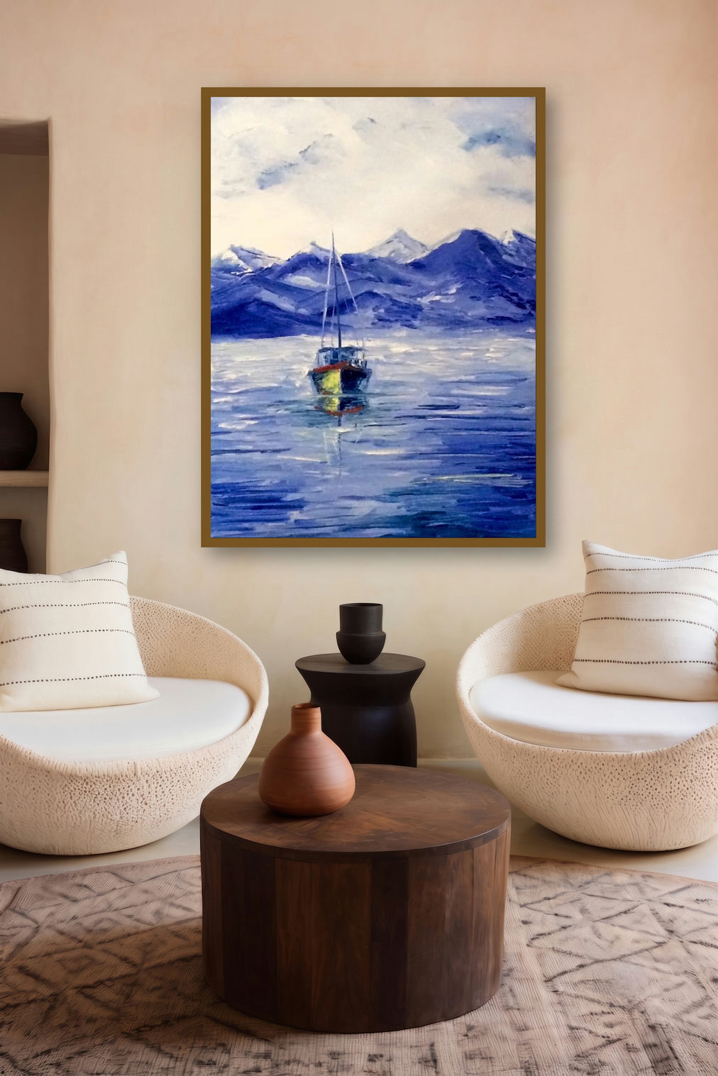 Fishing Boat (Boat and Mountains) by artist Kiran Bableshwar displayed in a Contemporary Exhibition gallery
