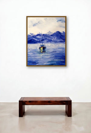 Fishing Boat (Boat and Mountains) by artist Kiran Bableshwar displayed in a Contemporary Luxury Home Office