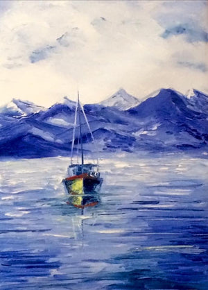 Fishing Boat (Boat and Mountains) by Kiran Bableshwar, Original Oil Seascape Painting on Canvas, Small Vertical Wall Art