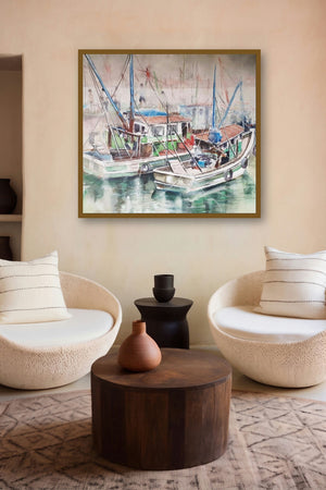 Fishing Boats In Chapora Goa (Morning at the Dock) by artist Mrutyunjaya Dash displayed in a Minimalist gallery