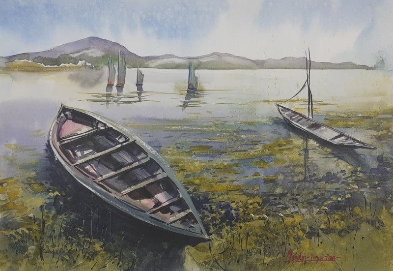Landscape watercolor painting titled 'Fishing boats in Chilika Odisha', 14x11 inches, by artist Mrutyunjaya Dash on paper