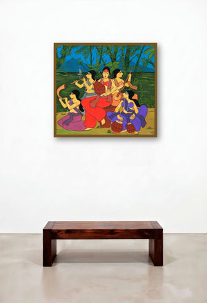 Five Sister (A Serene Melody) by artist Chetan Katigar displayed in a Mid-Century Modern Library