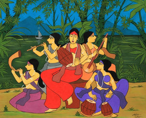 Five Sister (A Serene Melody) by Chetan Katigar, Original Acrylic Figurative Painting on Canvas, Large Horizontal Wall Art