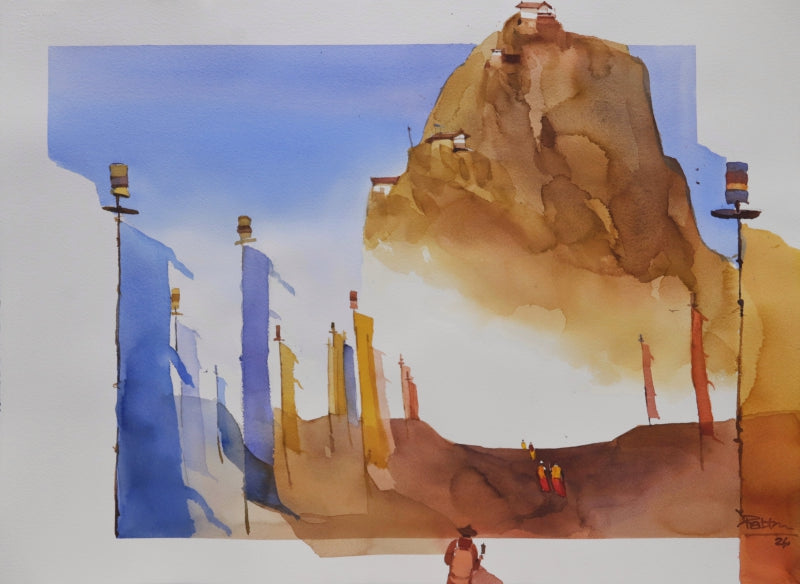 Flagposts Show The Way Of The Faith' religious watercolor painting by artist Prashant Prabhu, 22x30 inch, on paper